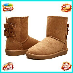 Mid Calf Suede Winter Boots Slip On Snow Boots Fur Lined Back Bow